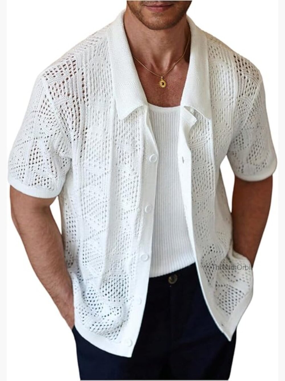 Men's Crochet Button Down Shirt Short Sleeve Hollow Out Cuban Collar Beach Knit